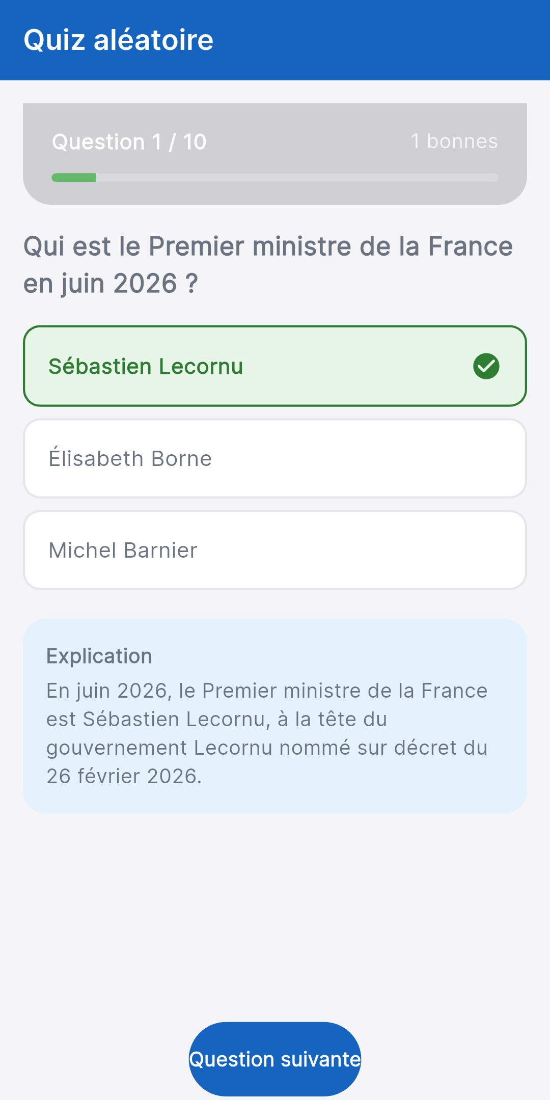 Correction expliquée après une réponse dans l'application Objectif Adjoint - bonne réponse mise en évidence et explication détaillée