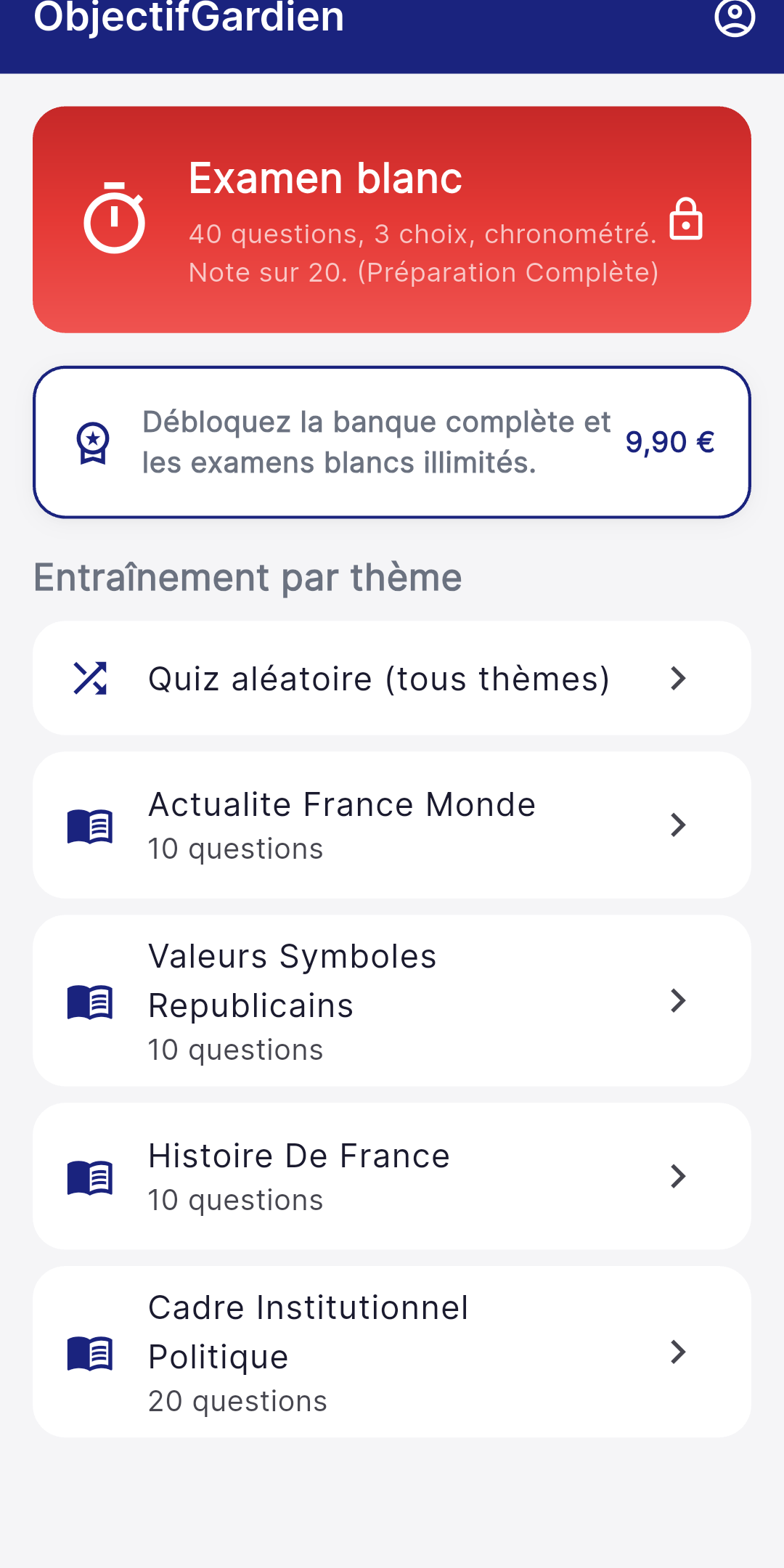 Écran d'accueil de l'application Objectif Adjoint avec le thème Histoire de France et le mode examen blanc